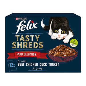 Felix Tasty Shreds Cat Food Pouches Farm Selection in Gravy  12 x 80g