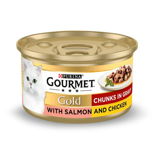 Gourmet Gold Complete Adult Cat Food Tin Chunks in Gravy Salmon & Chicken 85g